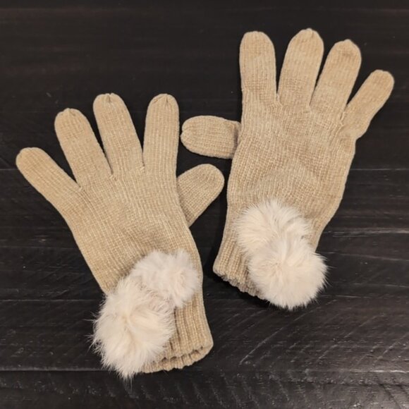 3/$20 LAURA Chenille Winter Gloves Faux Mink Fur Pom Poms Ribbed Acrylic Knit - Picture 2 of 11